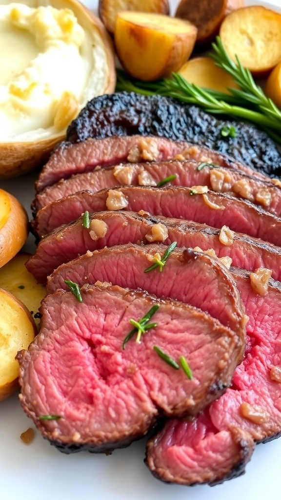 Sliced eye of round steak on a plate with roasted vegetables and a baked potato.